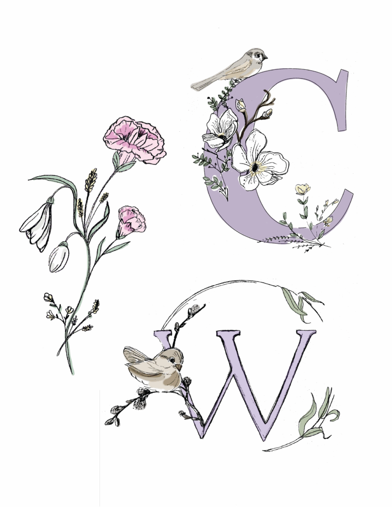 Illustrated Monogram Letters with Flowers and Floral Illustration